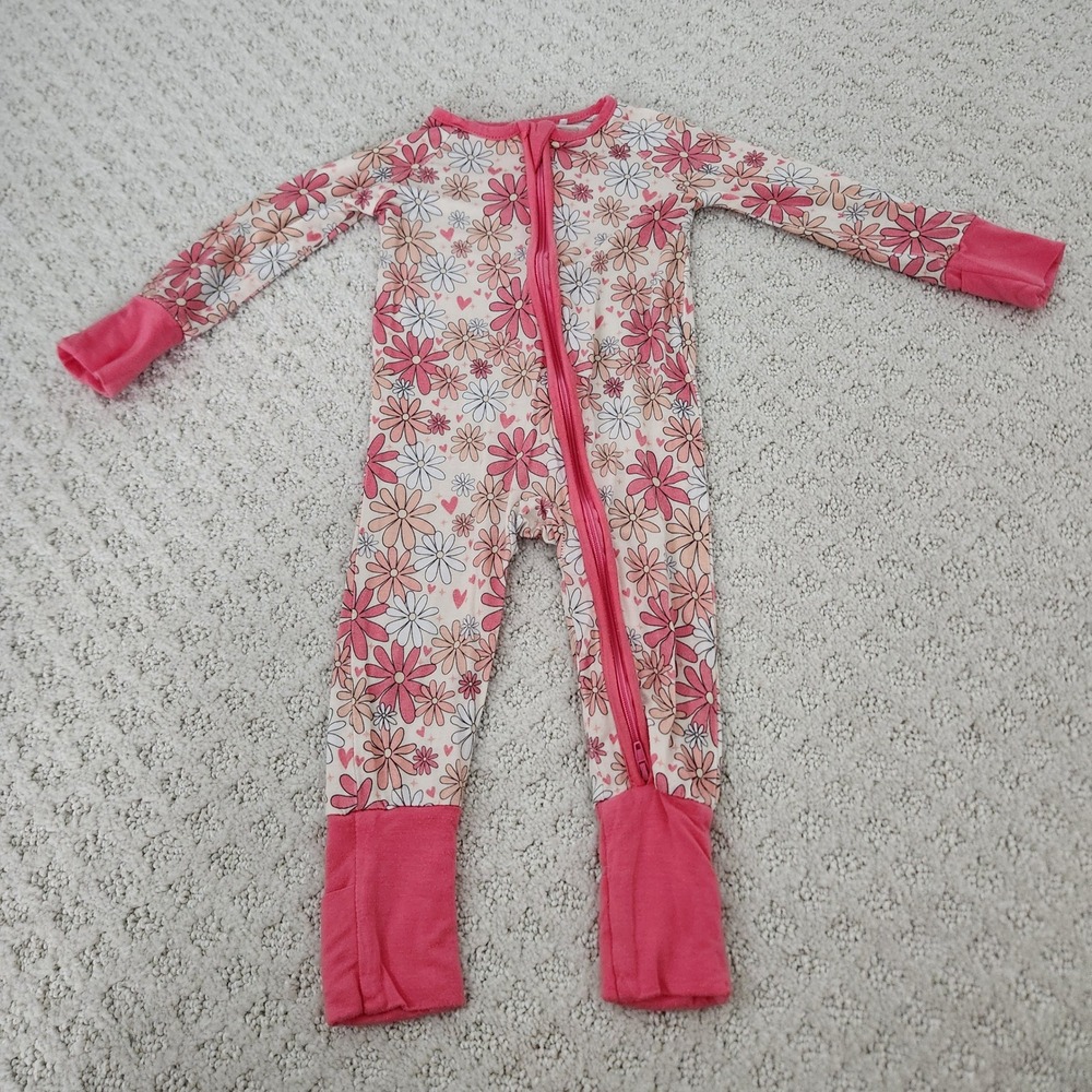 Bamboo Daisy Floral Sleeper Romper size 3-6M Pink Peach Heart